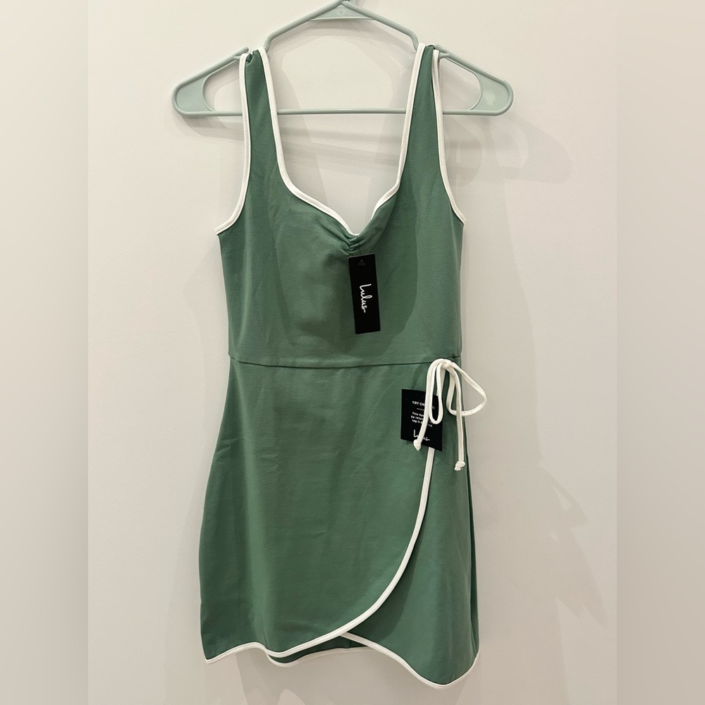 Lulus Adorable Decision Sage Green Sleeveless Faux-Wrap Mini Dress